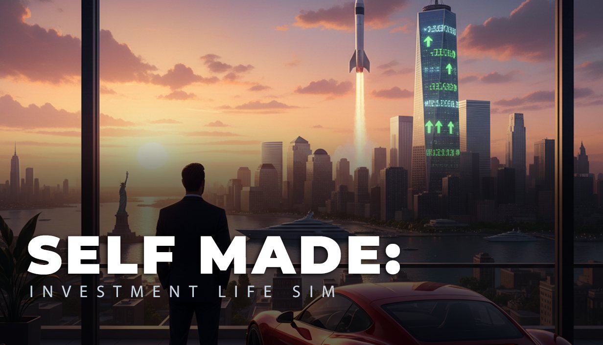 SELF MADE: Investment Life Sim key art — an investor at a penthouse window overlooking a city skyline at sunset